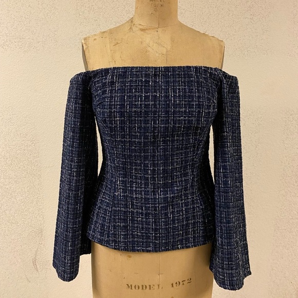 New with tags Zara Blue Tweed Off the Shoulder Top / fitted / size XS - Picture 2 of 5